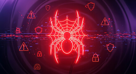Glowing digital spider web representing malware threat cyber attack and hacking vulnerability with warning alerts