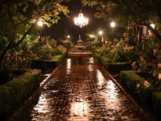 Obraz premium Wet Brick Path with Fountain and Crystal Chandelier at Night