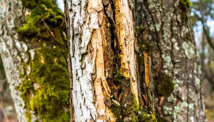 Obraz premium Close-up of a tree trunk with bark damage and moss