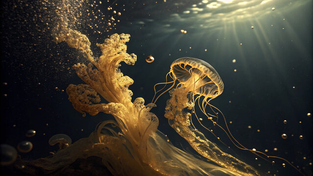 Golden jellyfish gracefully swimming in deep blue ocean water