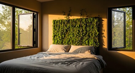 A cozy bedroom bathed in natural light, showcasing a refreshing green moss wall and open windows offering a scenic view.