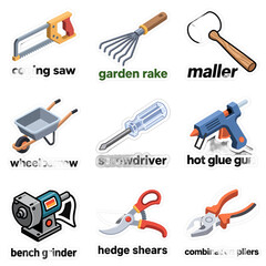 Naklejka premium A collection of simple, transparent tool icons. Various common implements like saws, rakes, and pliers are displayed.