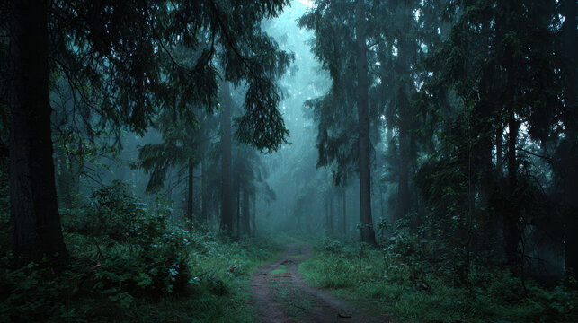 Forest path mist darkness trees mysterious green nature moody