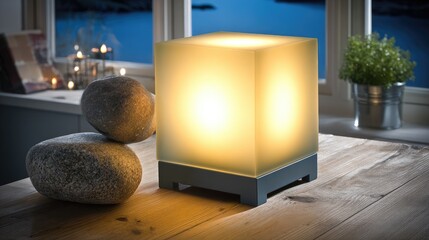 Square, translucent lamp on wooden table; stones, window