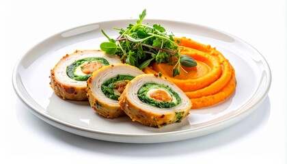 Elegant Chicken Roulade with Spinach Filling, Carrot Puree, and Fresh Greens on a White Plate