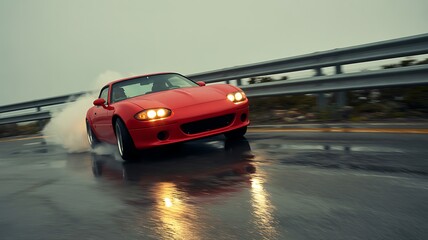 Red Convertible Sports Car Drifting on Wet Asphalt Road with Smoke Emitting from Tires Creating a Dynamic and Energetic Scene on a Cloudy Day