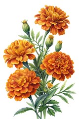 Elegant watercolor painting of orange marigold flowers with green foliage and buds