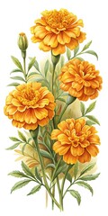 Watercolor Painting of Bright Orange Marigolds with Green Leaves and Stems