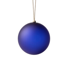Perfectly spherical deep indigo blue frosted glass ornament with linen cord, isolated on seamless transparent background with soft studio lighting, minimalist serene still life concept