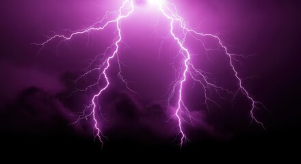 Vibrant purple lightning flashes intensely against a dark, cloudy sky, creating a dramatic and powerful natural display