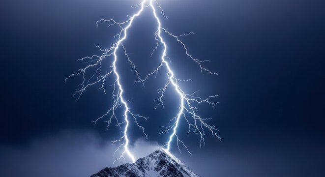 A single, powerful lightning bolt strikes the snowcapped peak of a rugged mountain against a dark, stormy sky