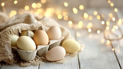 Eggs in carton, draped with cloth, warm lights