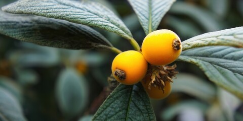 Ripe loquat fruits growing on a tree branch with textured leaves.