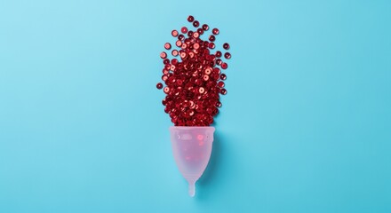 Vibrant red sequins spilling from menstrual cup