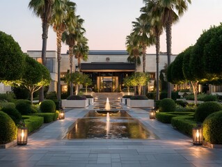Luxury Estate Entrance with Illuminated Fountain and Palm Trees