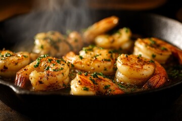 Sizzling Garlic Butter Shrimp Cooking in a Hot Cast Iron Skillet