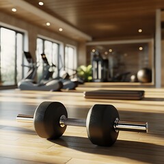 Dumbbell resting on a wooden floor in a sunlit modern gym with cardio equipment