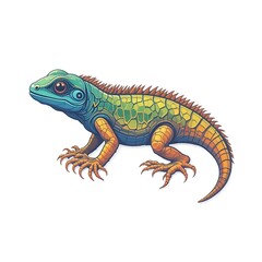 Fototapeta premium Stylized colorful lizard with intricate details. A vibrant reptile illustration featuring blue, green, and orange scales, isolated for design use