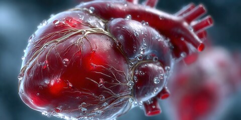 A detailed 3D rendering of a human heart, highlighting its intricate vascular system with water droplets.