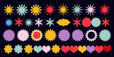 Collection of colorful abstract shapes and starbursts on a dark background