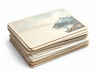 Stack of Blank Travel Postcards with Mountain Landscape Design