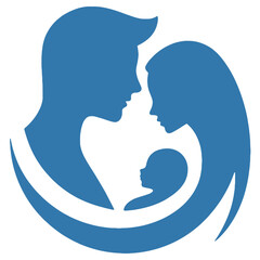 Loving Family Embracing Newborn Baby in Blue Silhouette. Maternity hospital logo, young family icon
