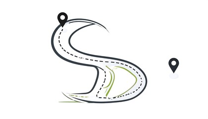 Winding road map with destination markers