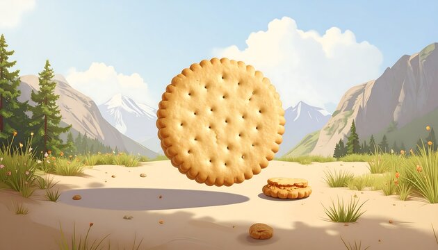 A round cracker in mid-air over a sunny landscape
