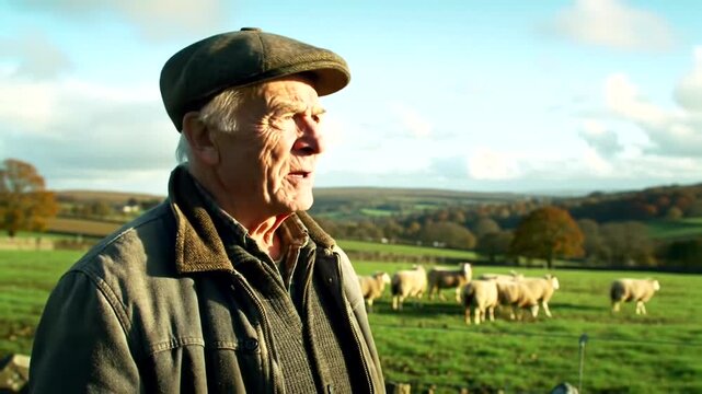 Elderly farmer in a flat cap looking out over his sheep grazing in a green field