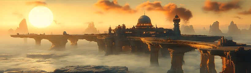 Obraz premium Ethereal alien cityscape with ancient architecture spanning misty ravines under a bright celestial body