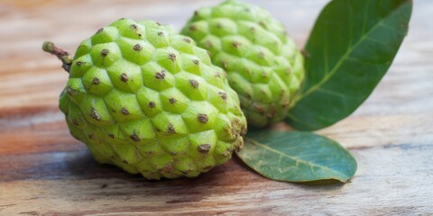 Two cherimoya fruits with their leaves resting on a rustic wooden surface.