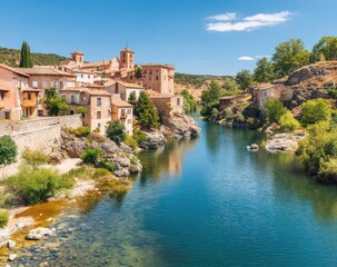 Fototapeta premium Picturesque Spanish town nestled beside a tranquil river