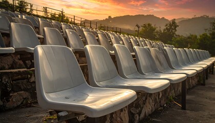 Empty stadium seats at sunrise