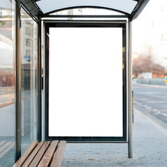 Blank billboard at a bus stop with wooden bench and city street white