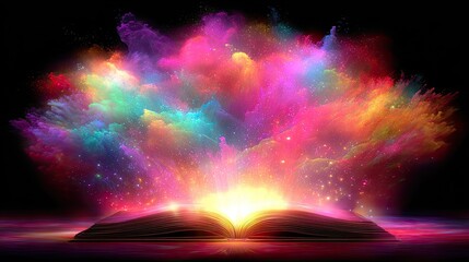 Open book erupts with vibrant, colorful energy