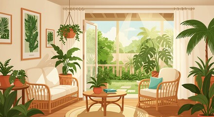 Obraz premium Sunlit bohemian living room interior filled with lush green houseplants, creating a tranquil urban jungle oasis with a view of the garden