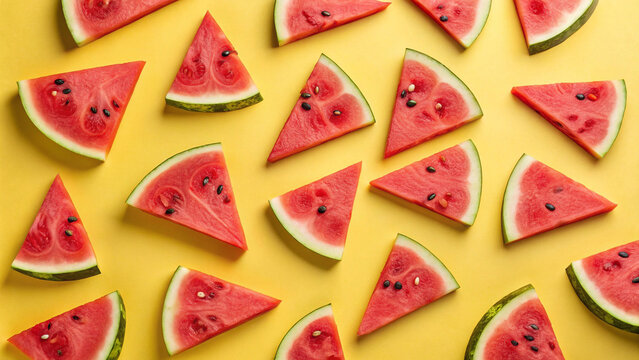 Fresh watermelon slices arranged on a bright yellow background - Powered by Adobe