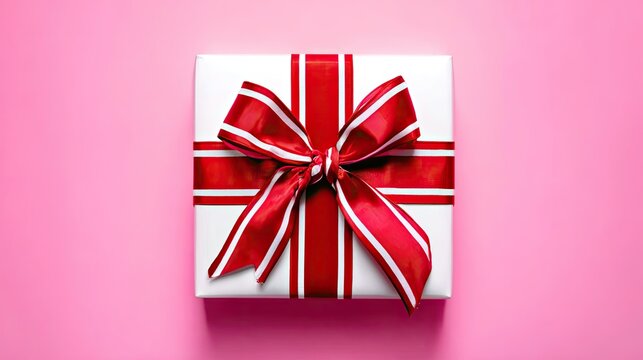 White gift box with red ribbon bow on pink background - Powered by Adobe