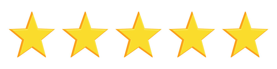 Five star rating icon. Yellow 5 stars for positive feedback. Transparent PNG