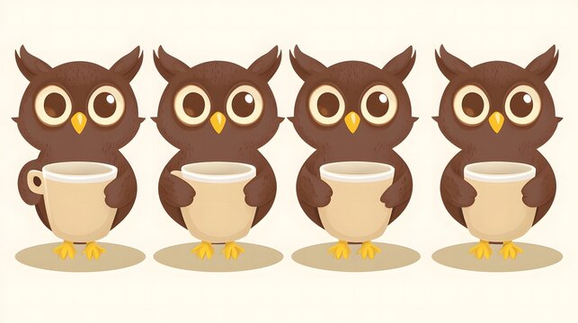 Four cartoon owls holding cups of coffee or tea depicted in a symmetrical row Cute