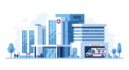 Obraz premium Flat vector illustration of a modern hospital building with ambulance parked outside, healthcare facility concept, flat stock design.