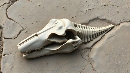 Fossilized whale skull with exaggerated cartoonish features, half-submerged in an ancient seabed.
