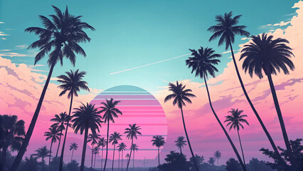 Retro sunset with palm trees and colorful sky
