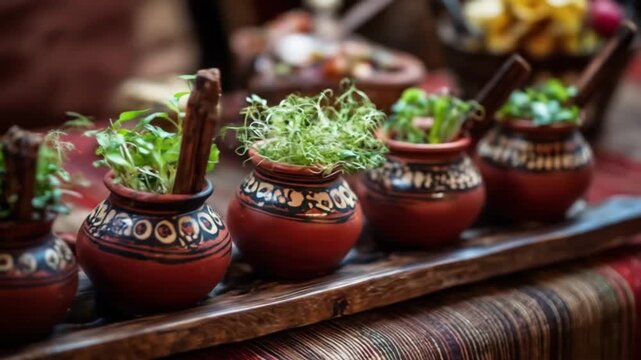 A selection of small, terracotta pots, filled with fresh herbs and spices, arranged on a rustic wooden platter, perfect for a culinary display.