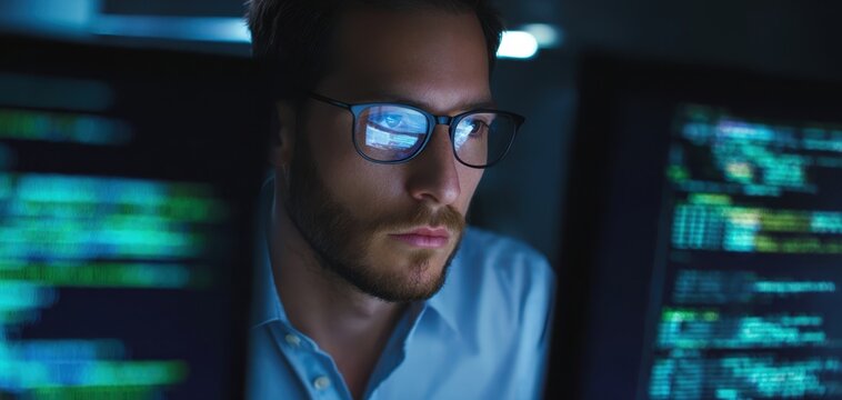 The programmer focused at night coding on multiple monitors in dark office