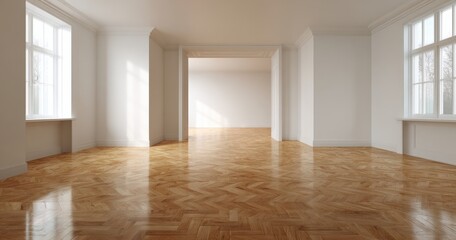 Fototapeta premium Bright Empty Room Interior with Hardwood Floors and Sunlight