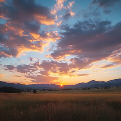 Sunset illuminates massive anvil-shaped cloud over rolling green hills and prairie