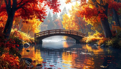 Autumnal forest scene with bridge over a calm river