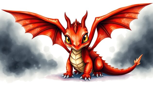 Fototapeta Cute Cartoon Red Dragon with Large Wings and Friendly Expression