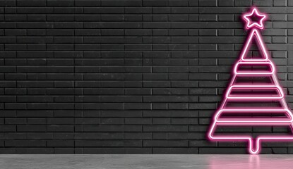 Pink neon Christmas tree on dark brick wall